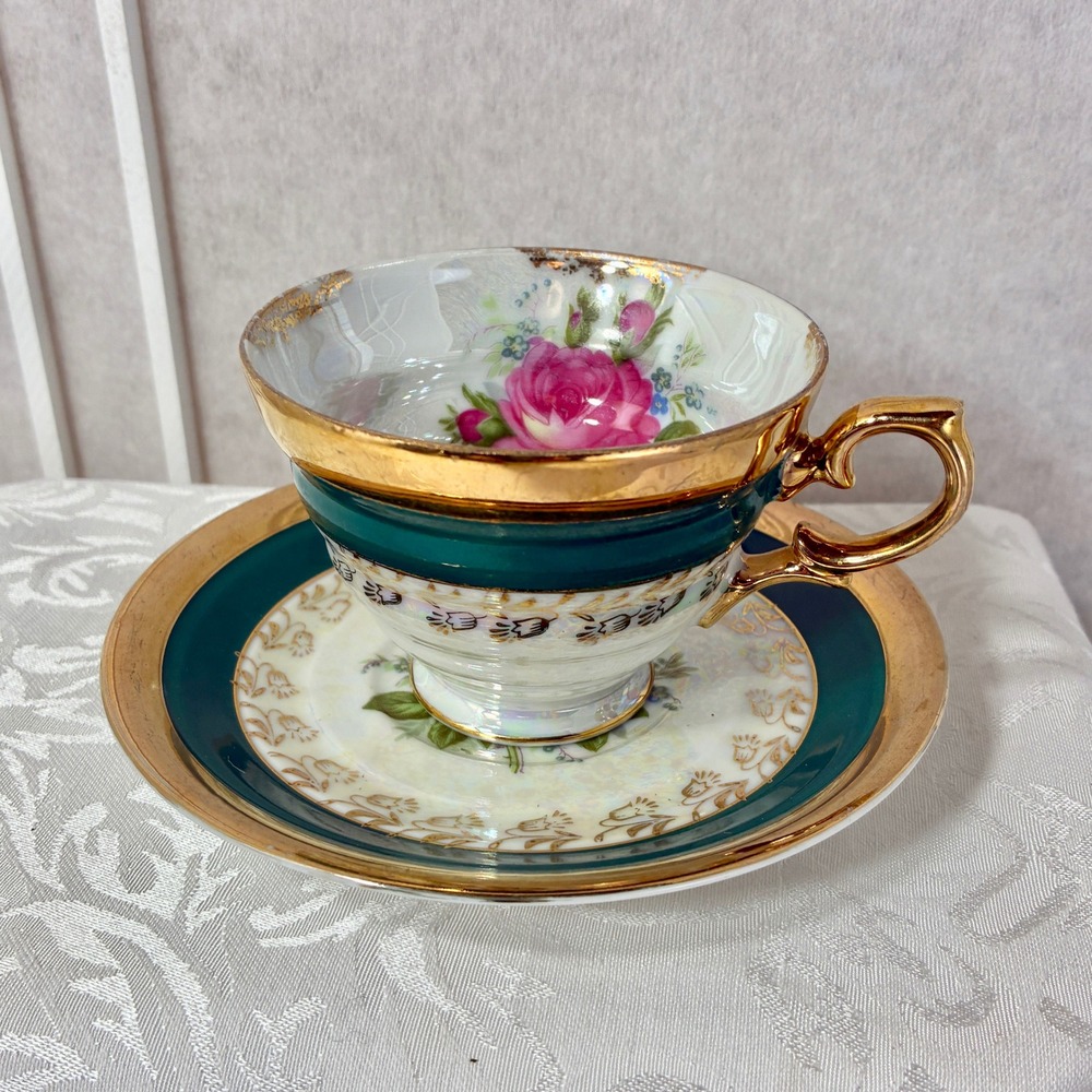 Vintage Lusterware Teacup Saucer Set Emerald Green Gold Gilt Pink Rose Floral